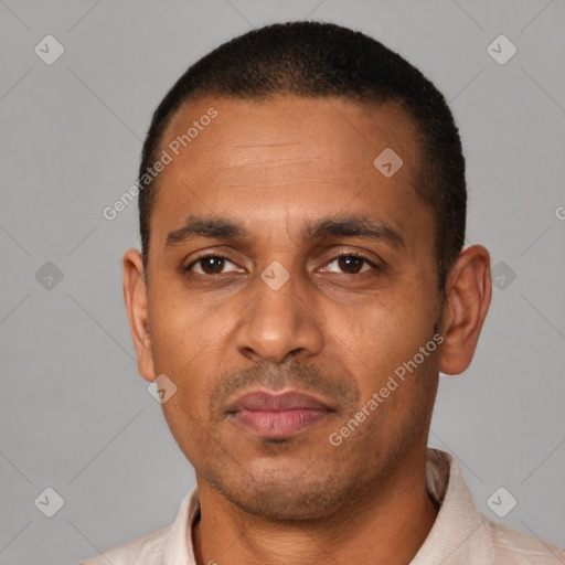 Neutral black young-adult male with short  black hair and brown eyes