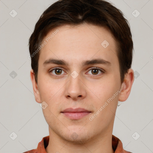 Neutral white young-adult male with short  brown hair and brown eyes