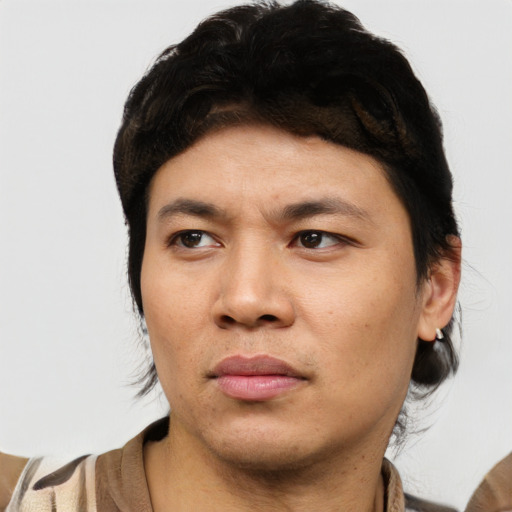 Neutral asian young-adult male with short  black hair and brown eyes
