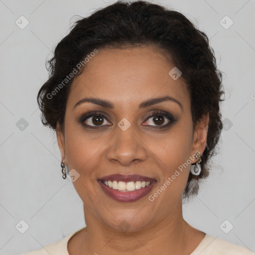 Joyful latino young-adult female with short  brown hair and brown eyes