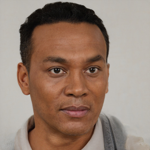 Neutral black young-adult male with short  black hair and brown eyes