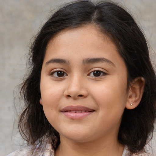 Joyful white child female with medium  brown hair and brown eyes