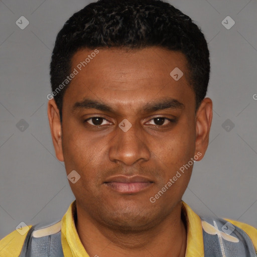 Neutral latino young-adult male with short  black hair and brown eyes