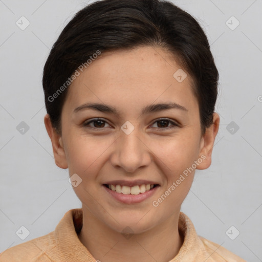 Joyful white young-adult female with short  brown hair and brown eyes