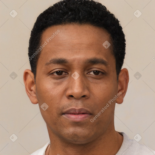 Neutral latino young-adult male with short  black hair and brown eyes