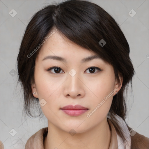 Neutral asian young-adult female with medium  brown hair and brown eyes