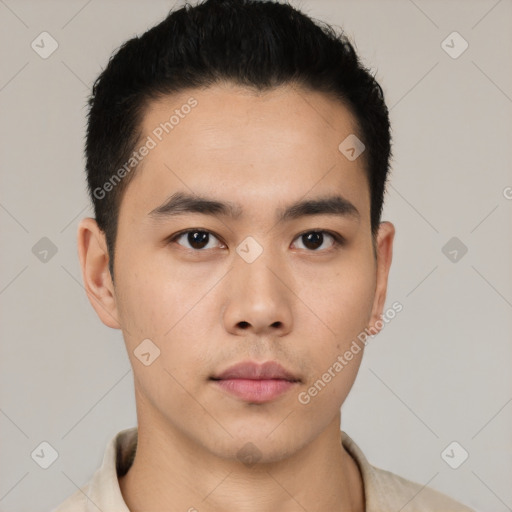 Neutral asian young-adult male with short  black hair and brown eyes