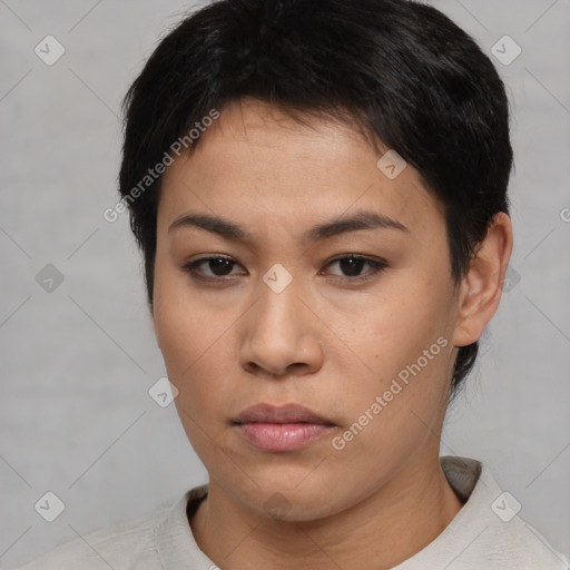 Neutral asian young-adult female with short  brown hair and brown eyes