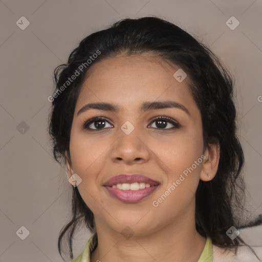 Joyful latino young-adult female with medium  black hair and brown eyes