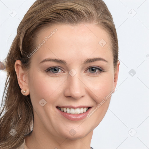 Joyful white young-adult female with long  brown hair and grey eyes