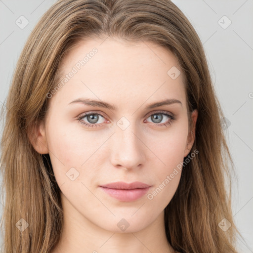 Neutral white young-adult female with long  brown hair and grey eyes