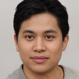 Joyful asian young-adult male with short  brown hair and brown eyes