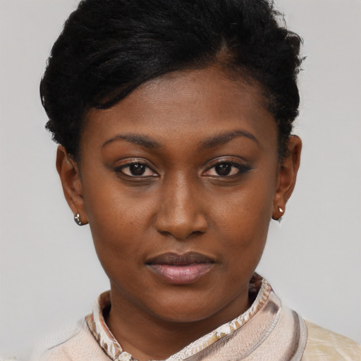 Neutral black young-adult female with short  brown hair and brown eyes