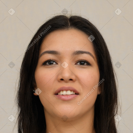 Joyful asian young-adult female with long  brown hair and brown eyes