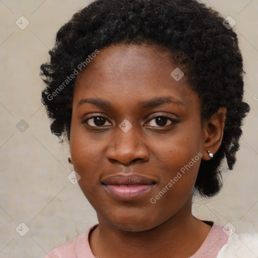 Joyful black young-adult female with medium  black hair and brown eyes