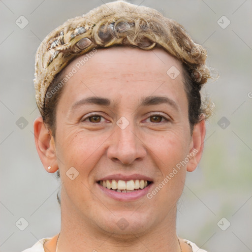 Joyful white adult female with short  brown hair and brown eyes