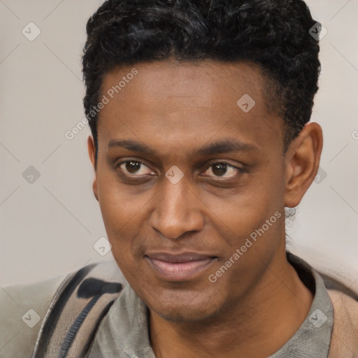 Joyful latino young-adult male with short  brown hair and brown eyes