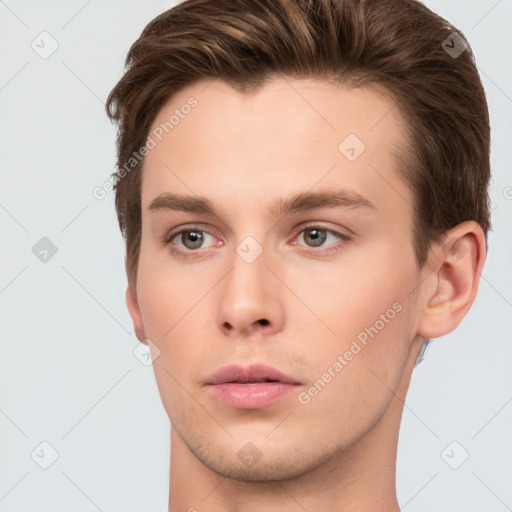 Neutral white young-adult male with short  brown hair and brown eyes