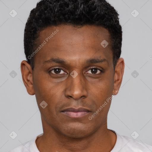 Neutral black young-adult male with short  brown hair and brown eyes