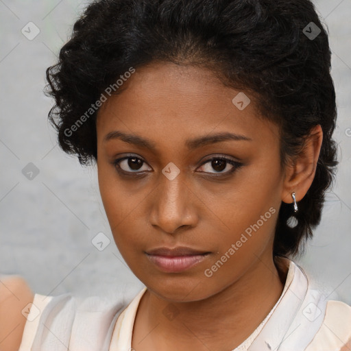 Neutral black young-adult female with medium  brown hair and brown eyes