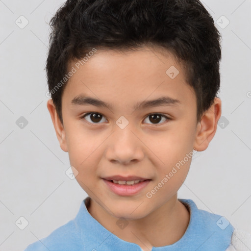 Joyful white child male with short  brown hair and brown eyes