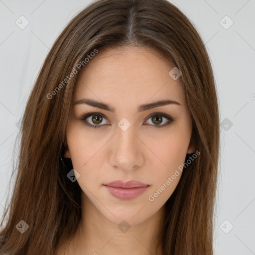 Neutral white young-adult female with long  brown hair and brown eyes