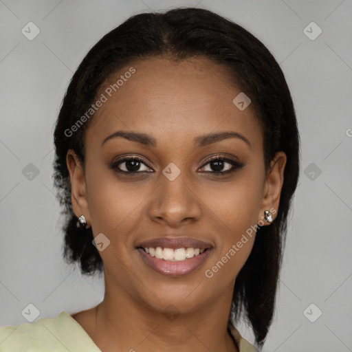 Joyful black young-adult female with medium  brown hair and brown eyes