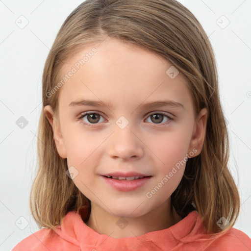 Joyful white child female with medium  brown hair and brown eyes