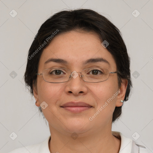 Joyful white adult female with short  brown hair and brown eyes