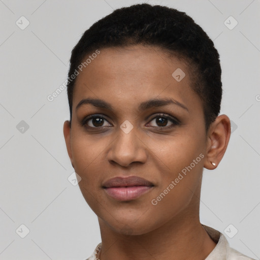 Joyful black young-adult female with short  black hair and brown eyes