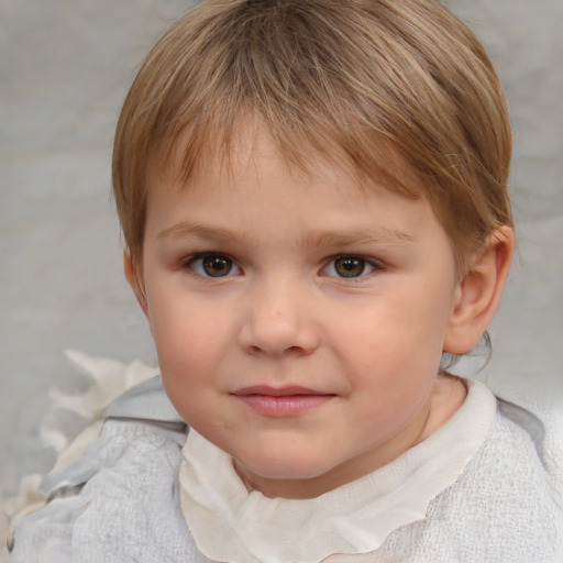 Joyful white child female with short  brown hair and brown eyes