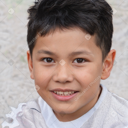 Joyful white child male with short  brown hair and brown eyes