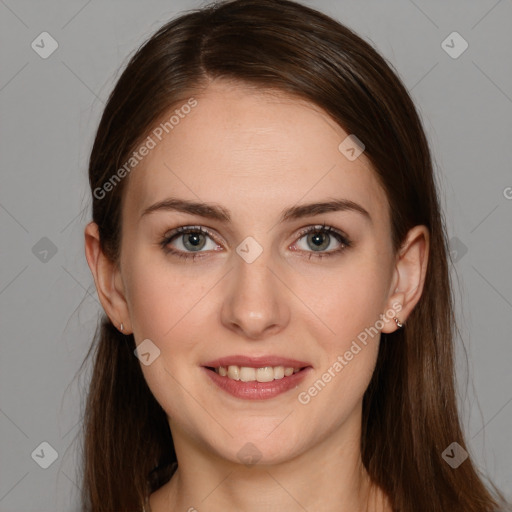 Joyful white young-adult female with long  brown hair and grey eyes