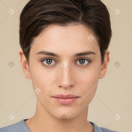 Neutral white young-adult female with short  brown hair and brown eyes