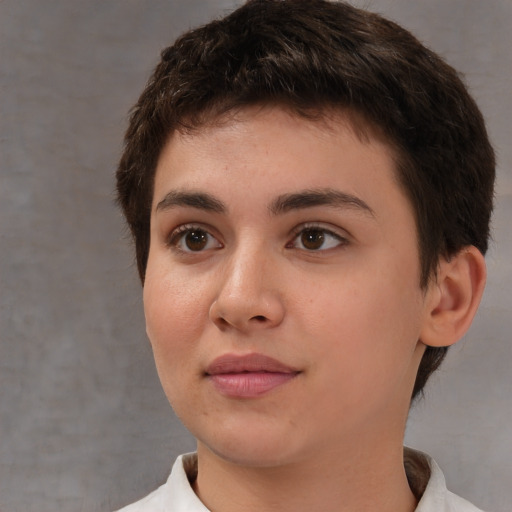 Neutral white young-adult female with short  brown hair and brown eyes
