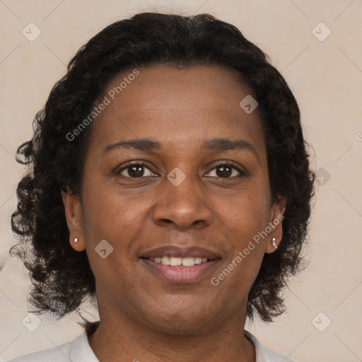 Joyful black adult female with medium  brown hair and brown eyes