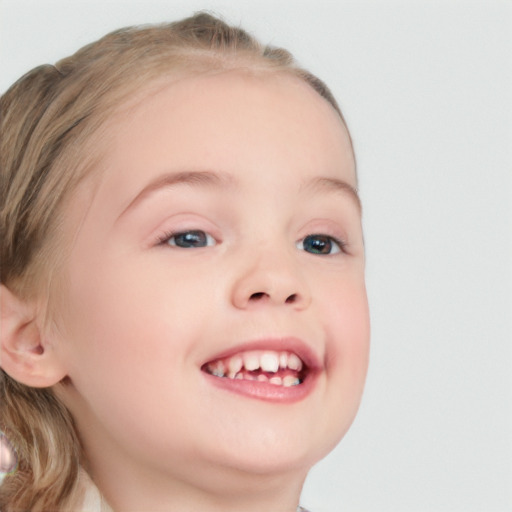 Joyful white child female with medium  brown hair and blue eyes