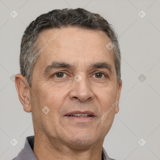 Neutral white middle-aged male with short  brown hair and brown eyes