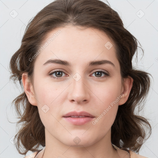 Neutral white young-adult female with medium  brown hair and brown eyes