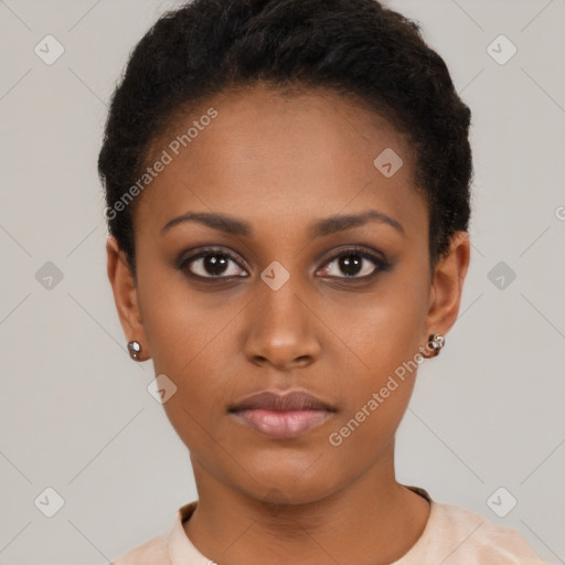 Neutral black young-adult female with short  black hair and brown eyes