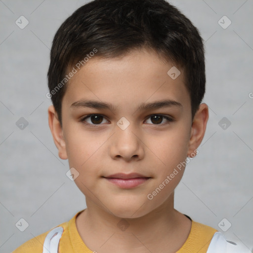 Joyful white child male with short  brown hair and brown eyes