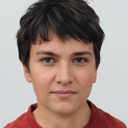 Neutral white young-adult female with short  brown hair and brown eyes