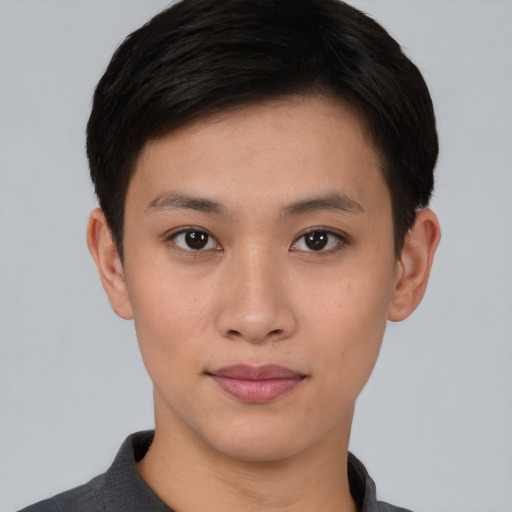 Neutral asian young-adult female with short  brown hair and brown eyes