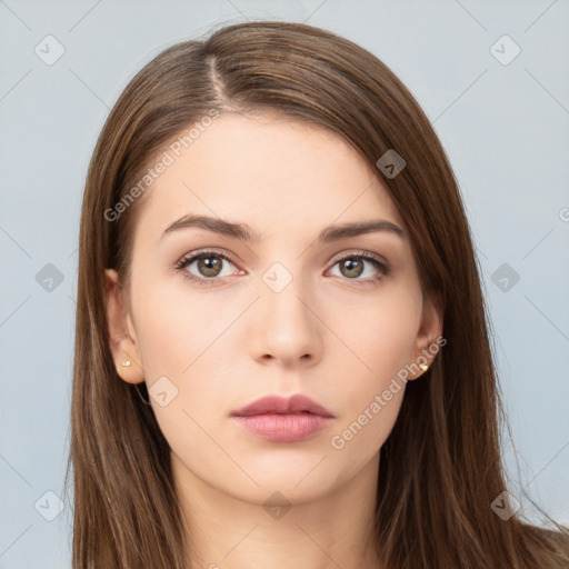 Neutral white young-adult female with long  brown hair and brown eyes