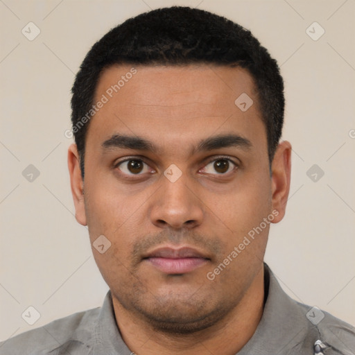 Neutral latino young-adult male with short  black hair and brown eyes
