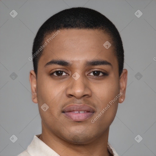 Joyful latino young-adult male with short  brown hair and brown eyes