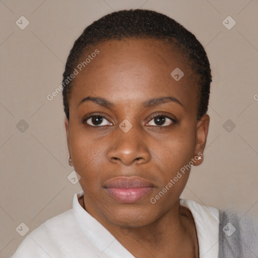 Neutral black young-adult female with short  black hair and brown eyes