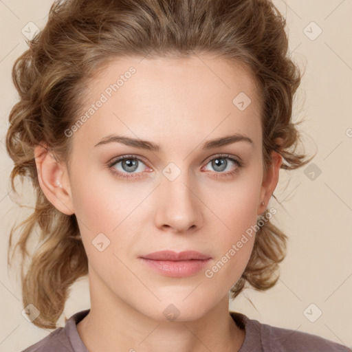 Neutral white young-adult female with medium  brown hair and grey eyes