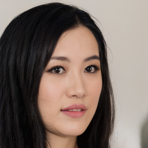 Neutral asian young-adult female with long  black hair and brown eyes