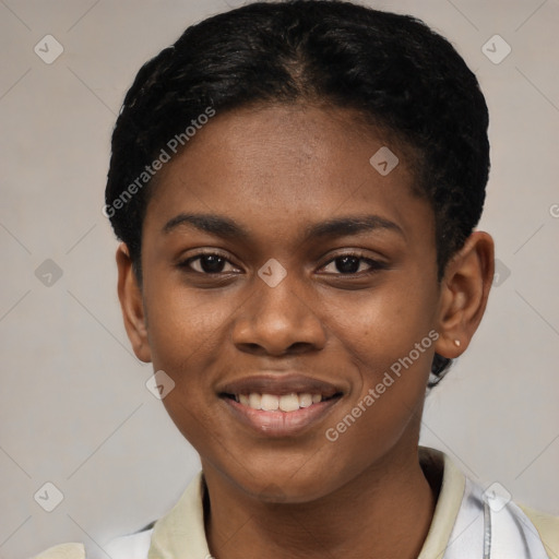 Joyful latino young-adult female with short  black hair and brown eyes